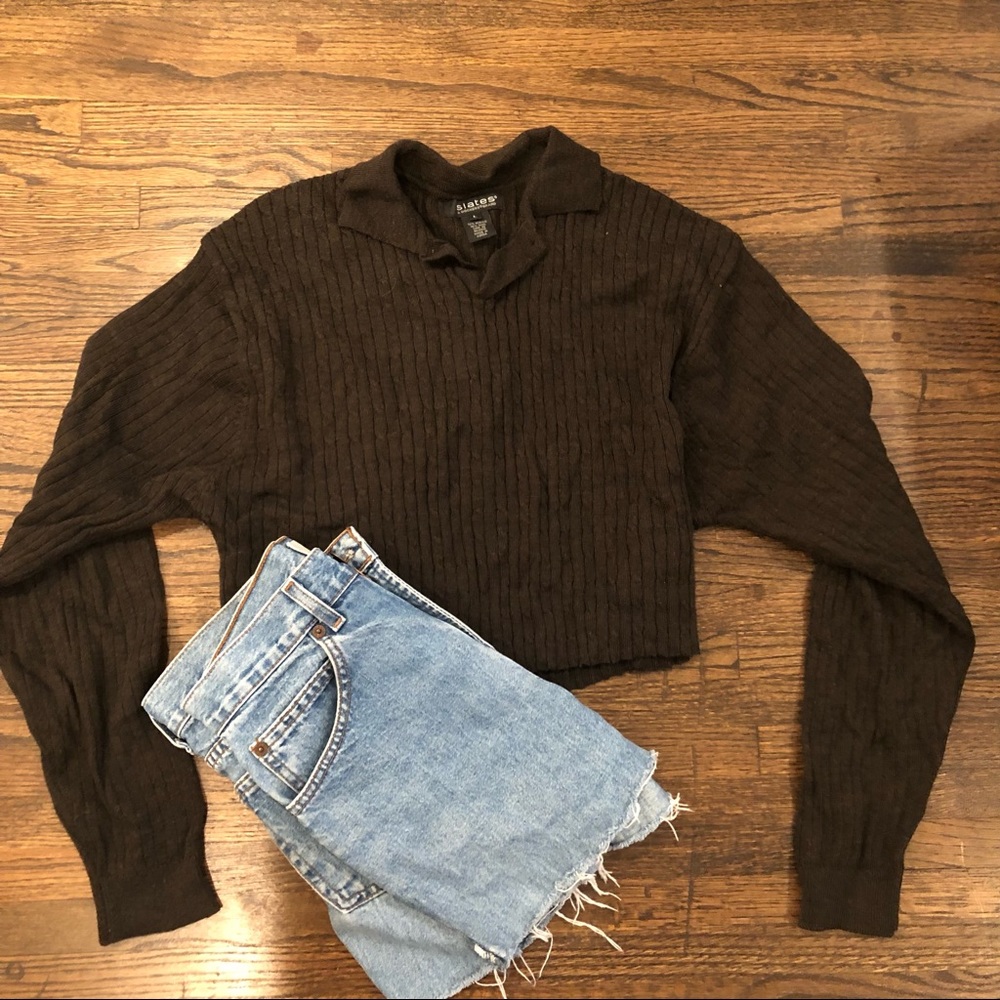 Vintage Brown long sleeve collar cropped top
